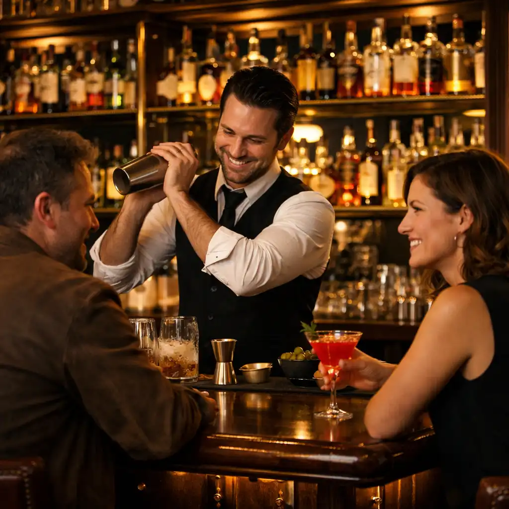 Stilvolle Bar im Tafel Vorin mit dunkler Holztheke, Messingdetails und Gästen, die Cocktails genießen
