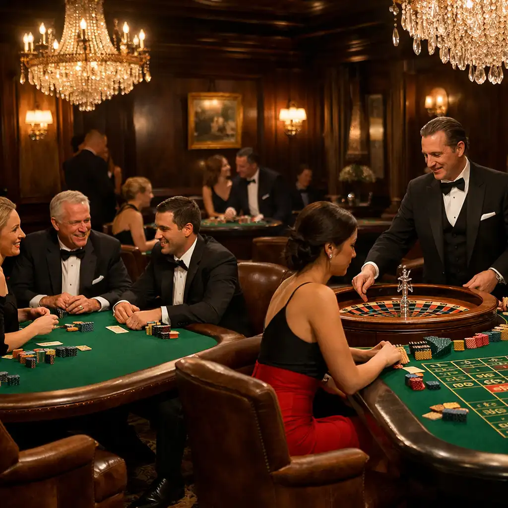 Casino Lounge im Tafel Vorin mit grünen Filztischen für Poker und Roulette, umgeben von Ledersesseln und gedämpftem Licht