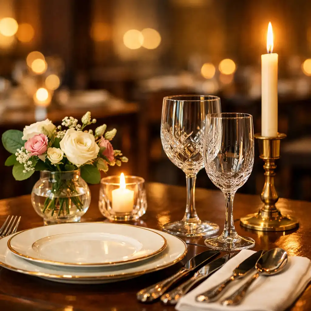 Elegant gedeckter Tisch im Dining Room des Tafel Vorin mit Porzellan, Kristallgläsern und Kerzenlicht