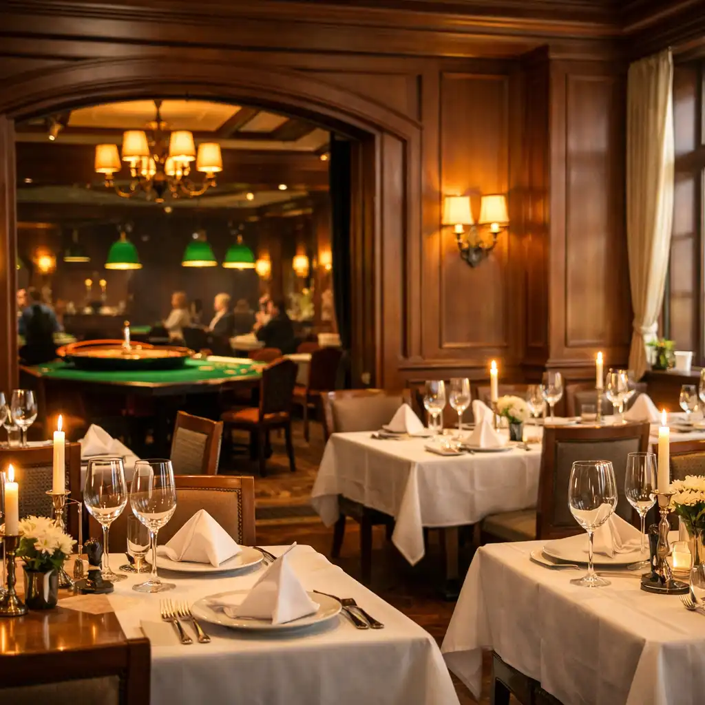 Weitläufiges elegantes Restaurantinterieur im Tafel Vorin mit gedeckten Tischen und Blick auf die Casino Lounge im Hintergrund