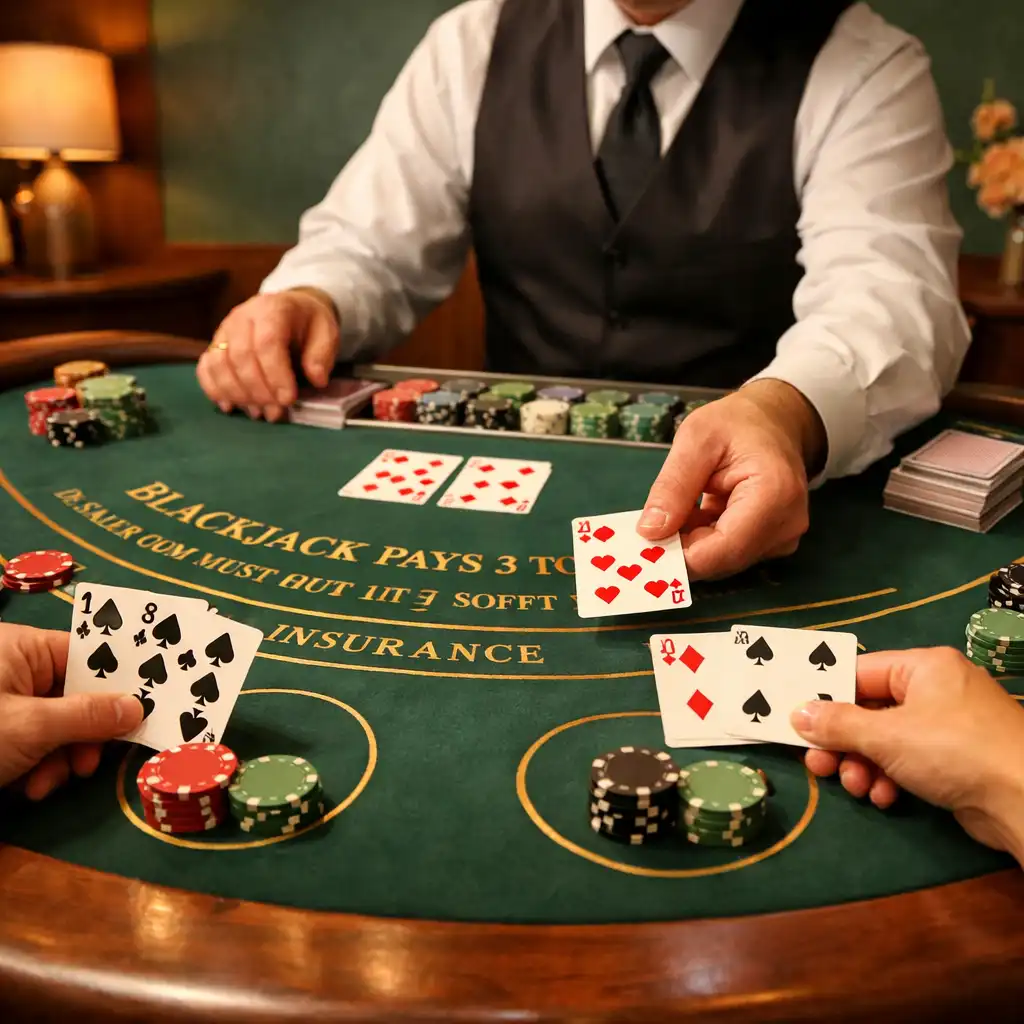 Blackjacktisch mit Dealer und Gästen in stilvollem Ambiente