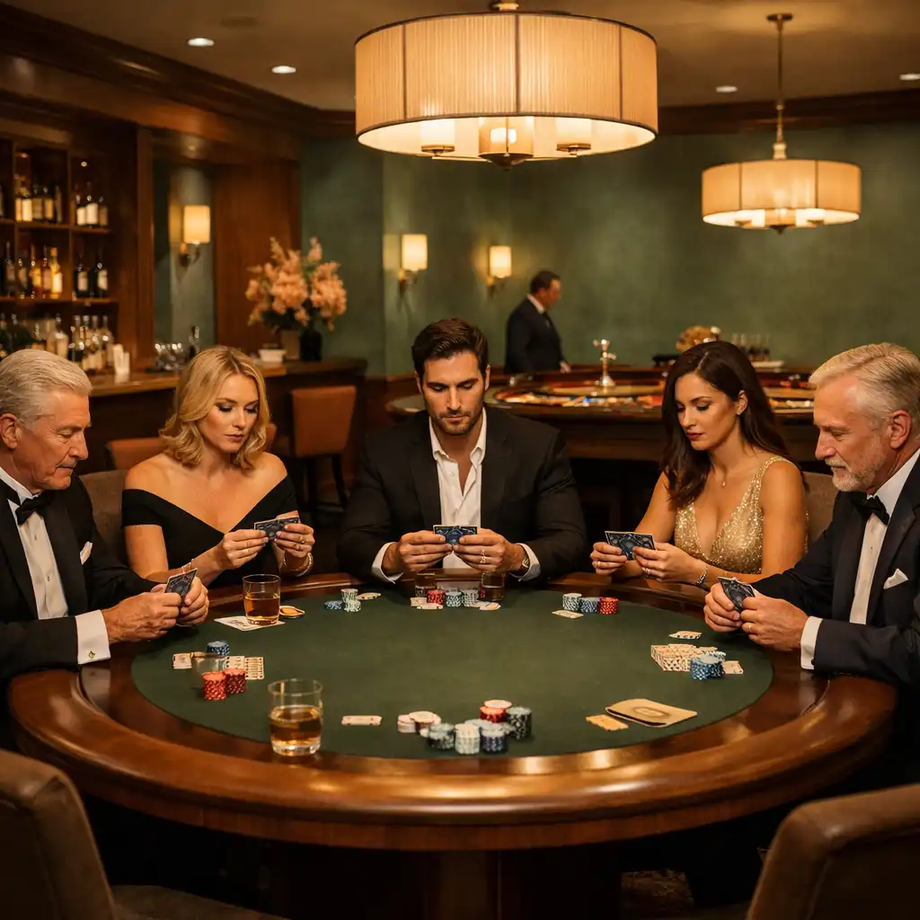 Elegante Casino Lounge im Tafel Vorin mit Gästen an einem Pokertisch in warmem Licht