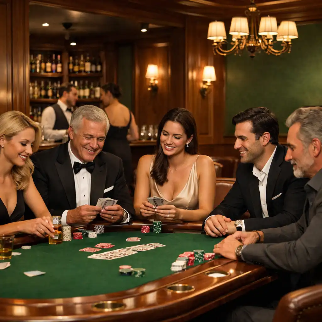Innenaufnahme der Casino Lounge im Tafel Vorin mit Pokertisch und elegant gekleideten Gästen