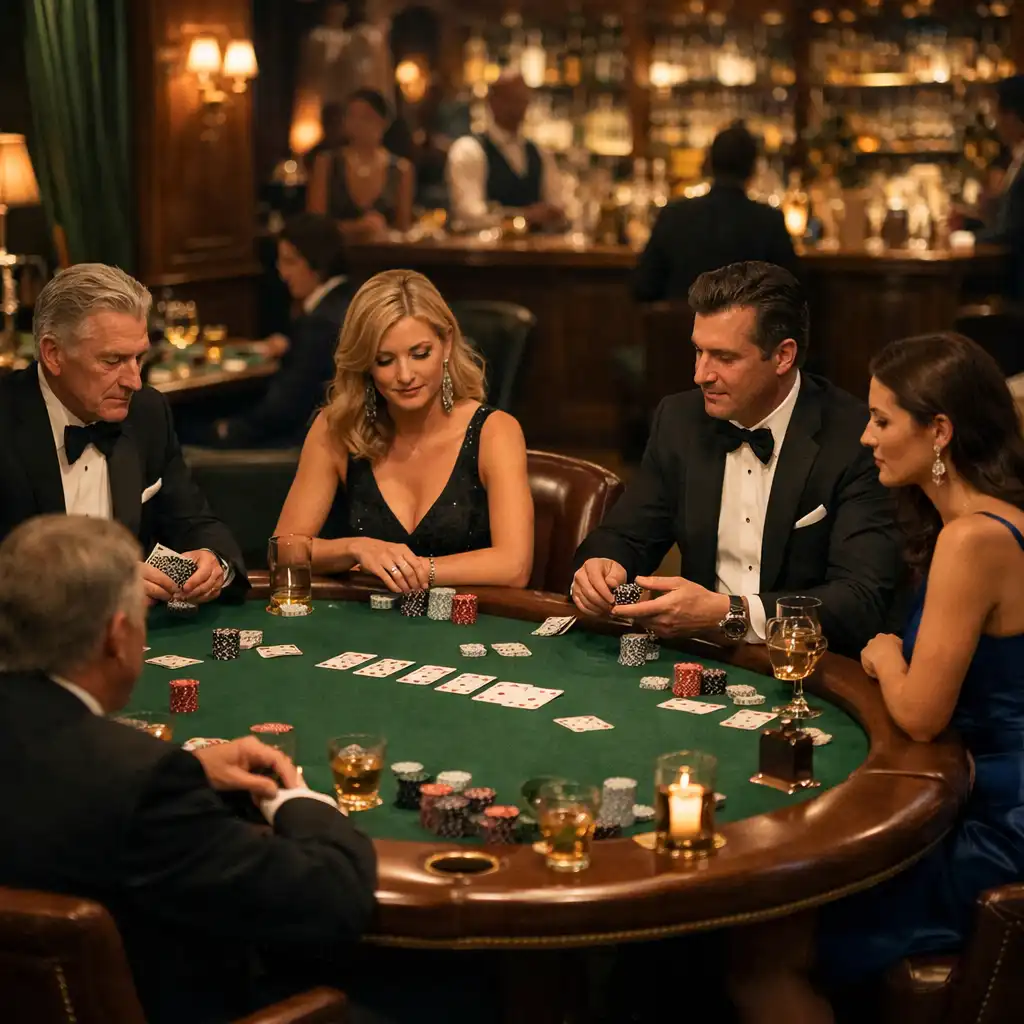 Blick in die stilvolle Casino Lounge von Tafel Vorin mit eleganten Pokertischen und Gästen in Abendgarderobe
