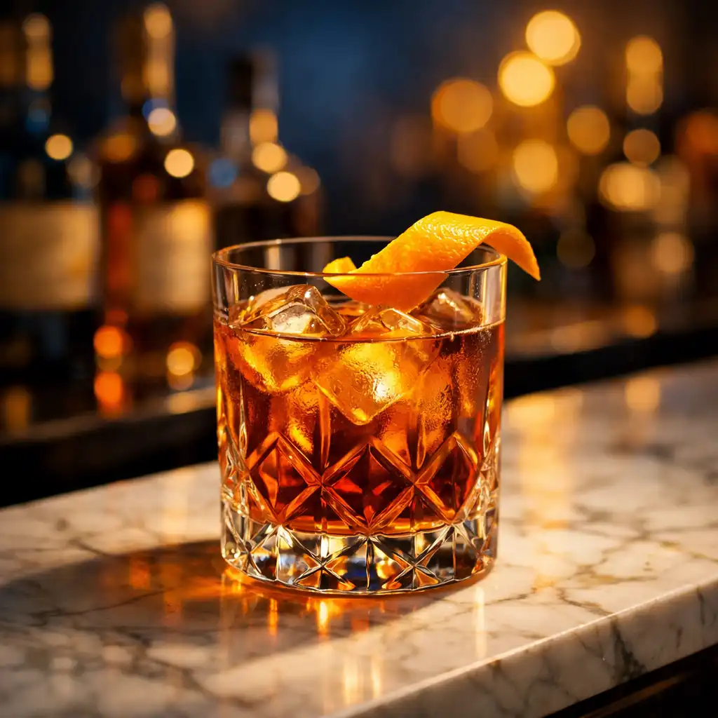 Eleganter Signature-Cocktail mit Orangenzeste auf einer Marmorbar