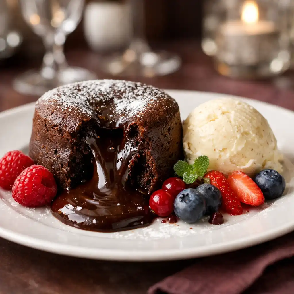 Schokoladenfondant mit flüssigem Kern, Vanilleeis und Beeren