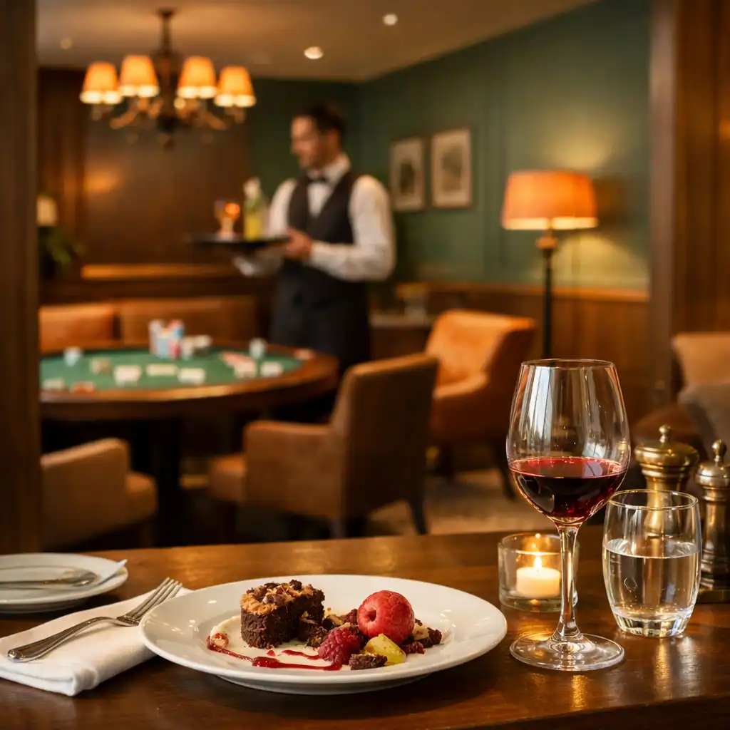 Blick von einem elegant gedeckten Restauranttisch auf die angrenzende Casino Lounge
