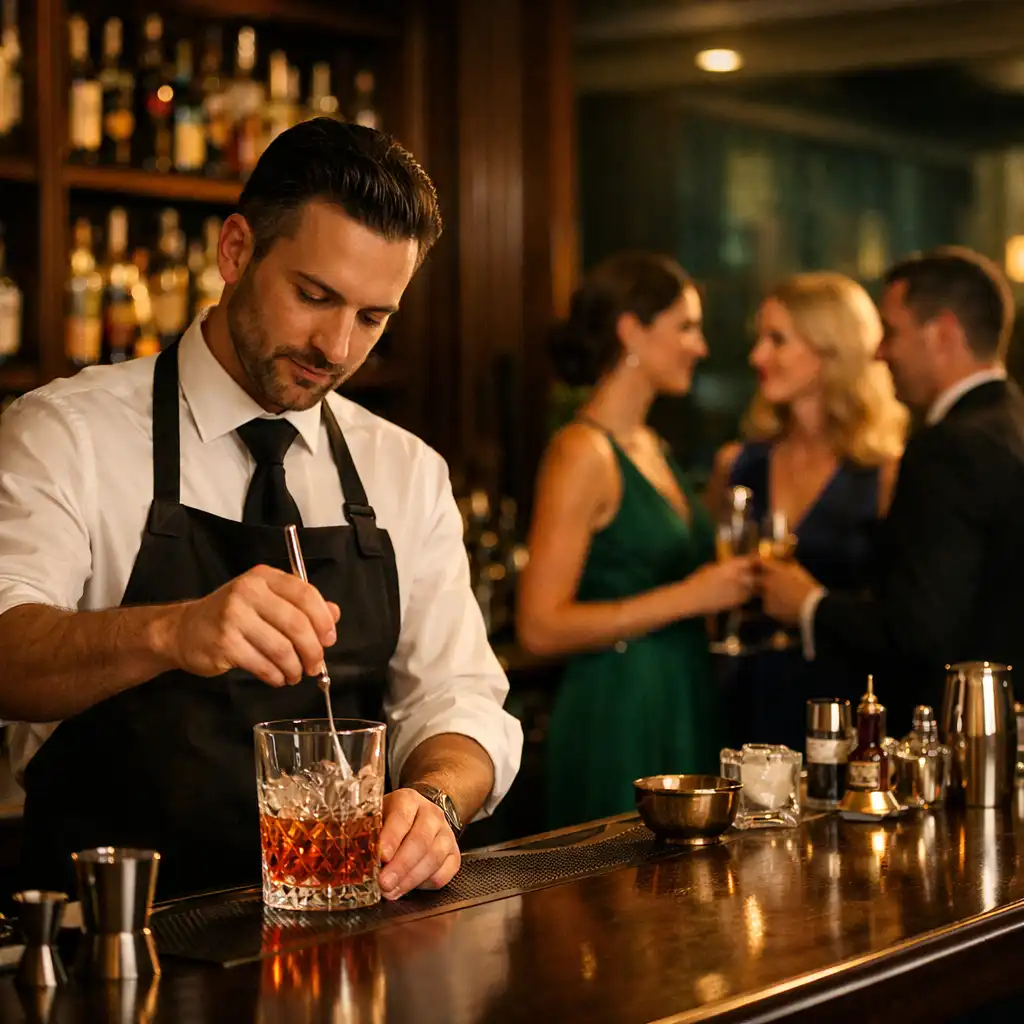 Barkeeper rührt einen Cocktail in der eleganten Bar des Tafel Vorin
