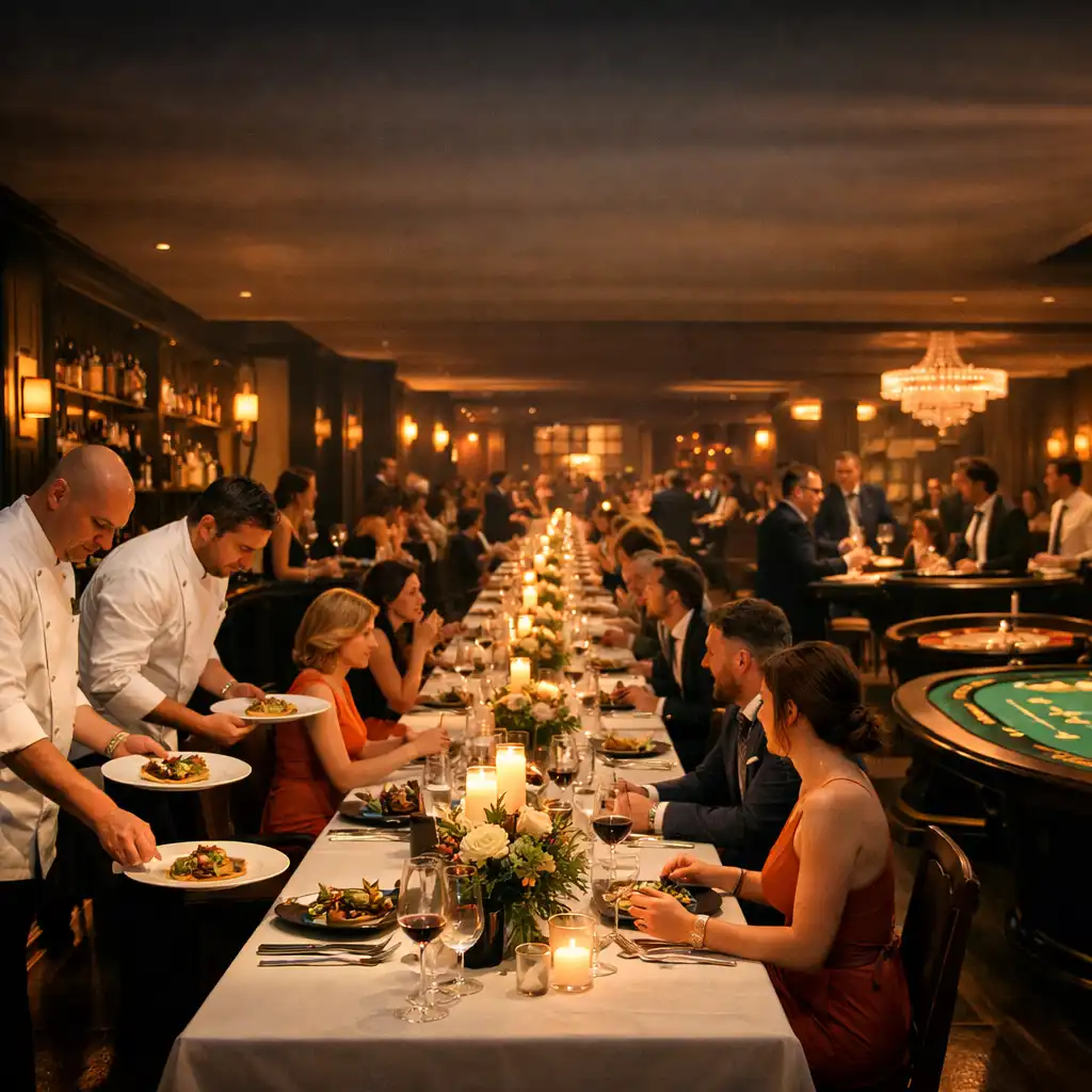 Lange Restauranttafel, die vom Dinner über die Cocktailbar bis in die elegante Casino Lounge führt