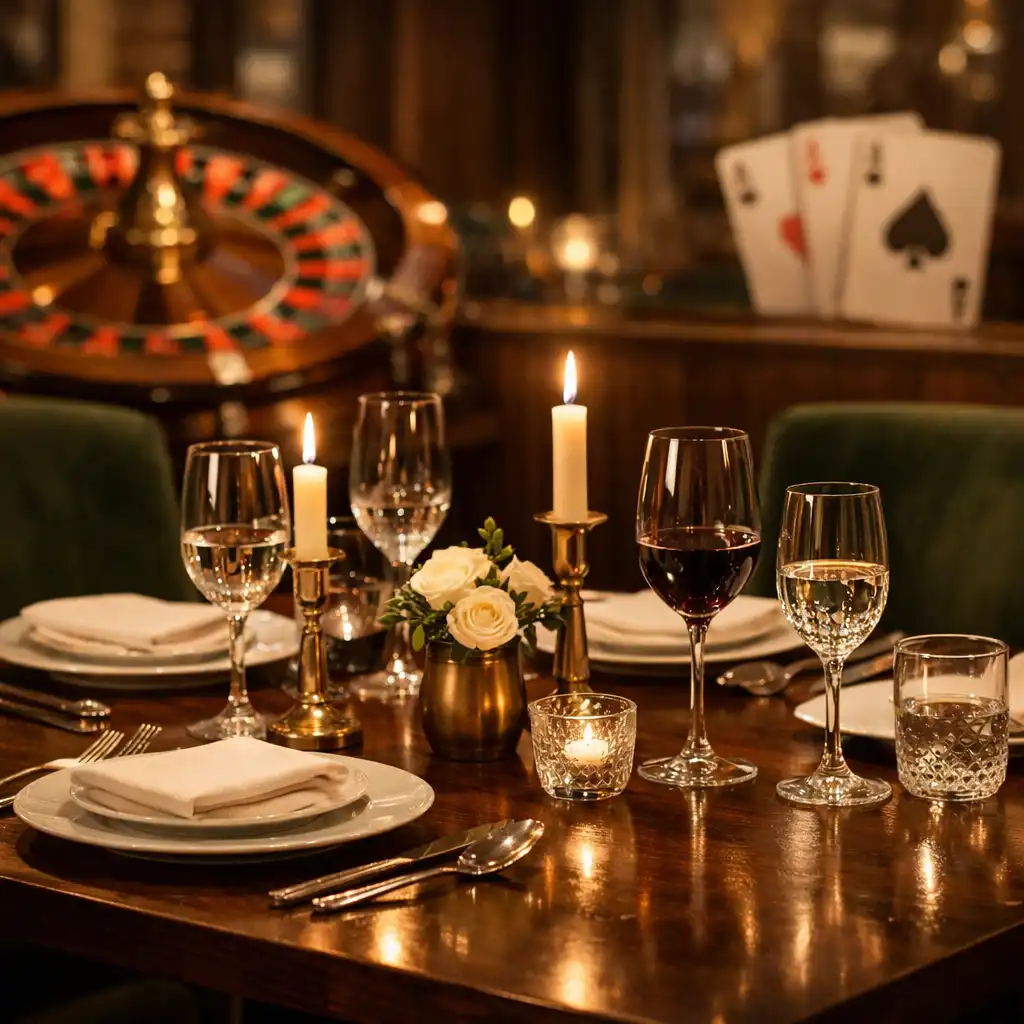 Eleganter gedeckter Tisch im Tafel Vorin mit warmem Kerzenlicht und dem eleganten Dekor eines lizenzierten Casinos im Hintergrund