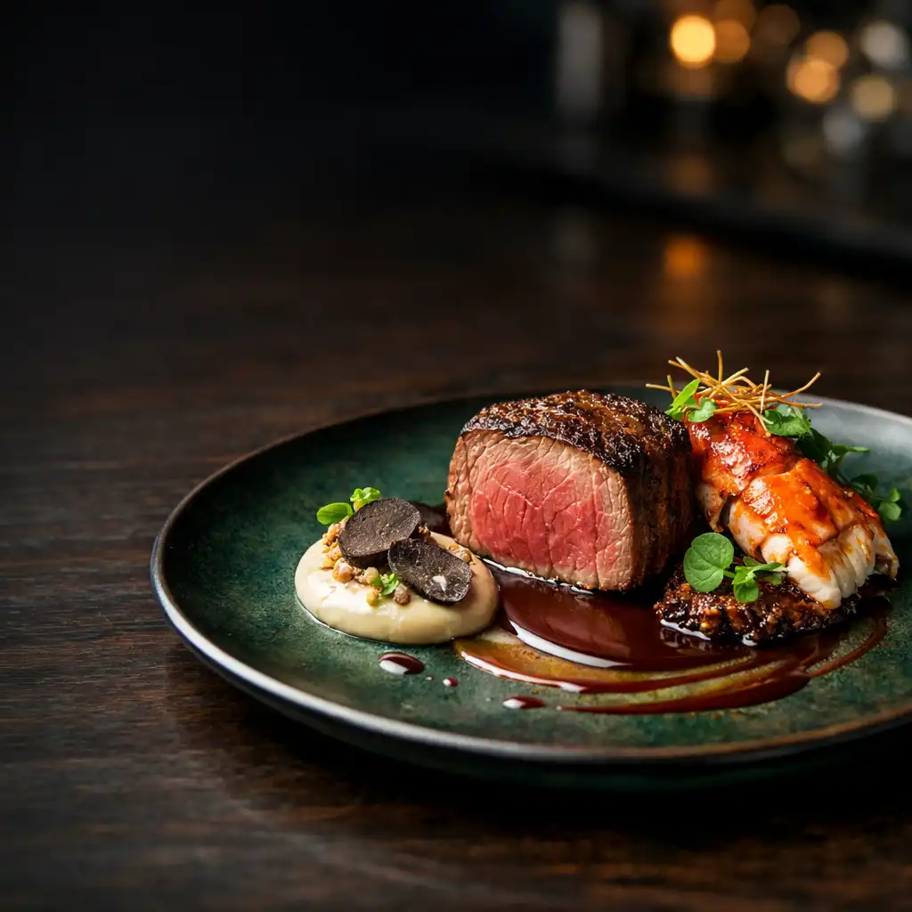 Kunstvoll angerichtetes Signature-Gericht mit Rinderfilet und Hummer auf dunklem Tisch