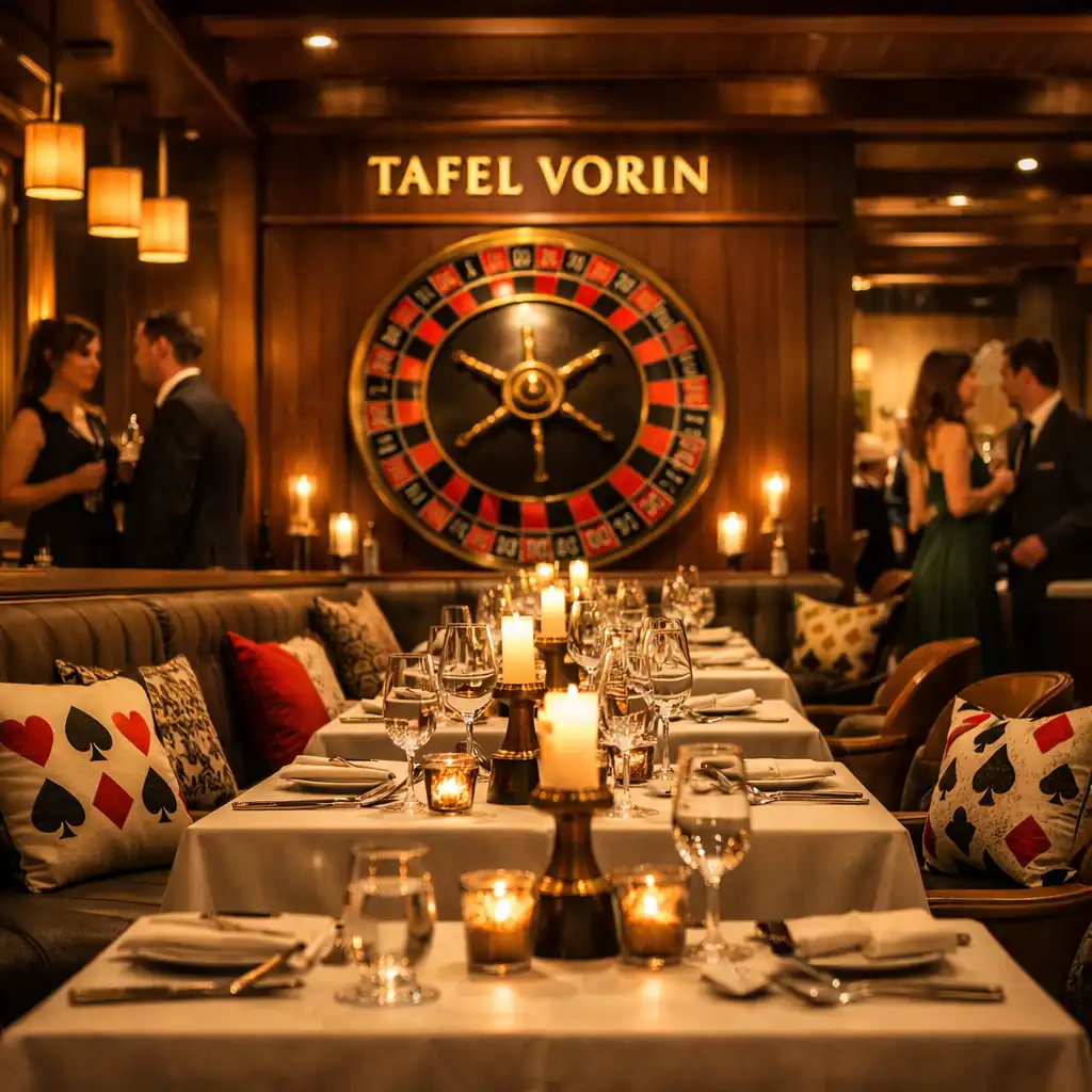 Weitwinkelaufnahme des eleganten Restaurant-Innenraums von Tafel Vorin mit warmen Holztönen und dem Ambiente eines lizenzierten Casinos