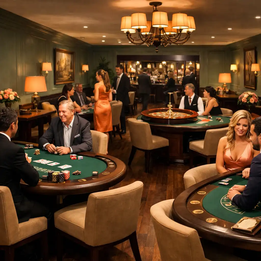 Innenaufnahme der Casino Lounge mit mehreren Spieltischen und gedämpfter Beleuchtung