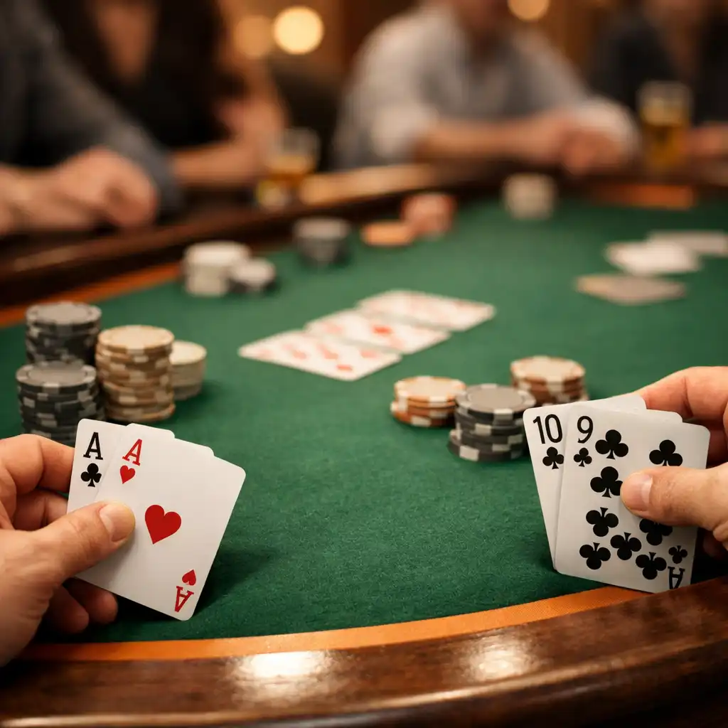 Nahaufnahme eines Pokertisches im lizenzierten Casino vor Ort mit Karten und Chips