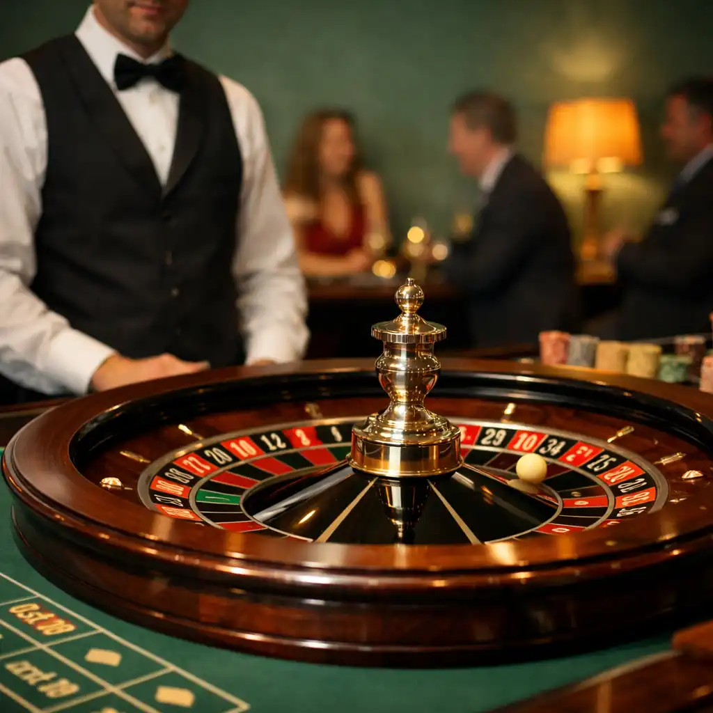 Eleganter Roulettetisch mit Kessel und Croupier