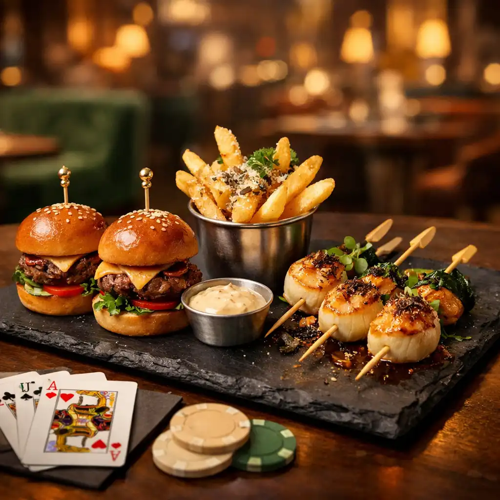 Casino-Lounge-Teller mit Mini-Burger, Trüffel-Pommes und Jakobsmuschel-Spießen