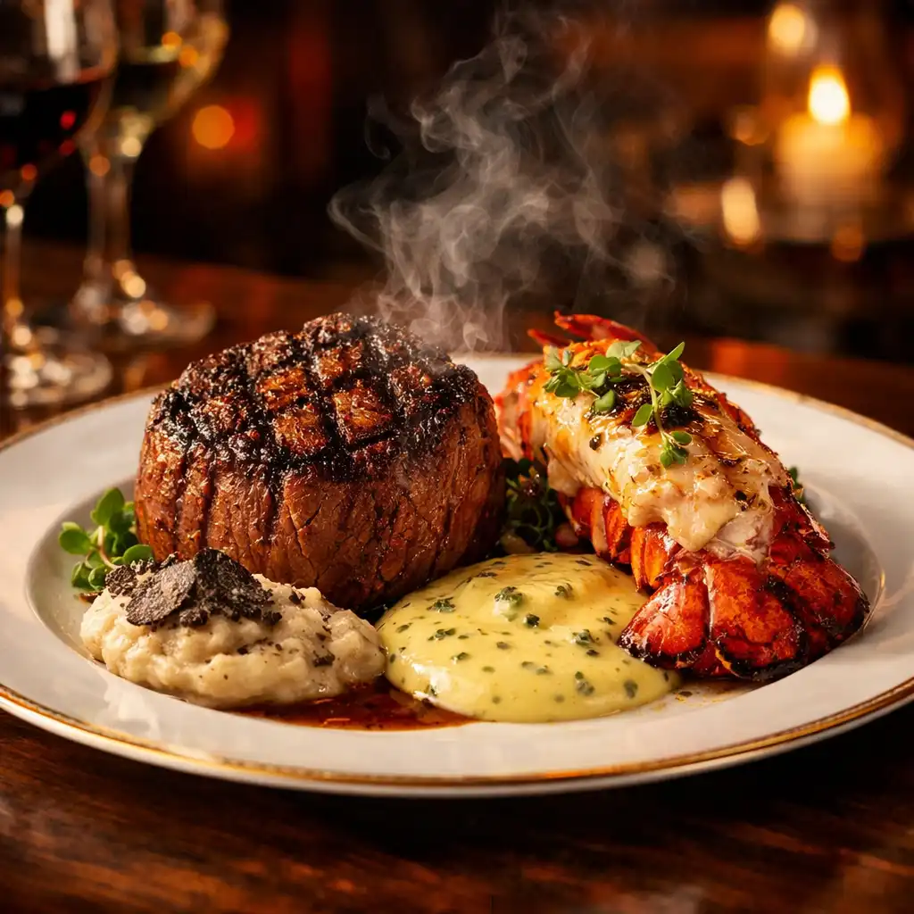 Tafel Vorin Surf and Turf mit Rinderfilet, Hummer und Trüffelpüree